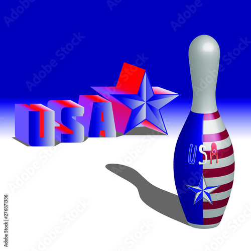 Bowling skittle stylistic USA flag and volumetric letters on a blue-gray background