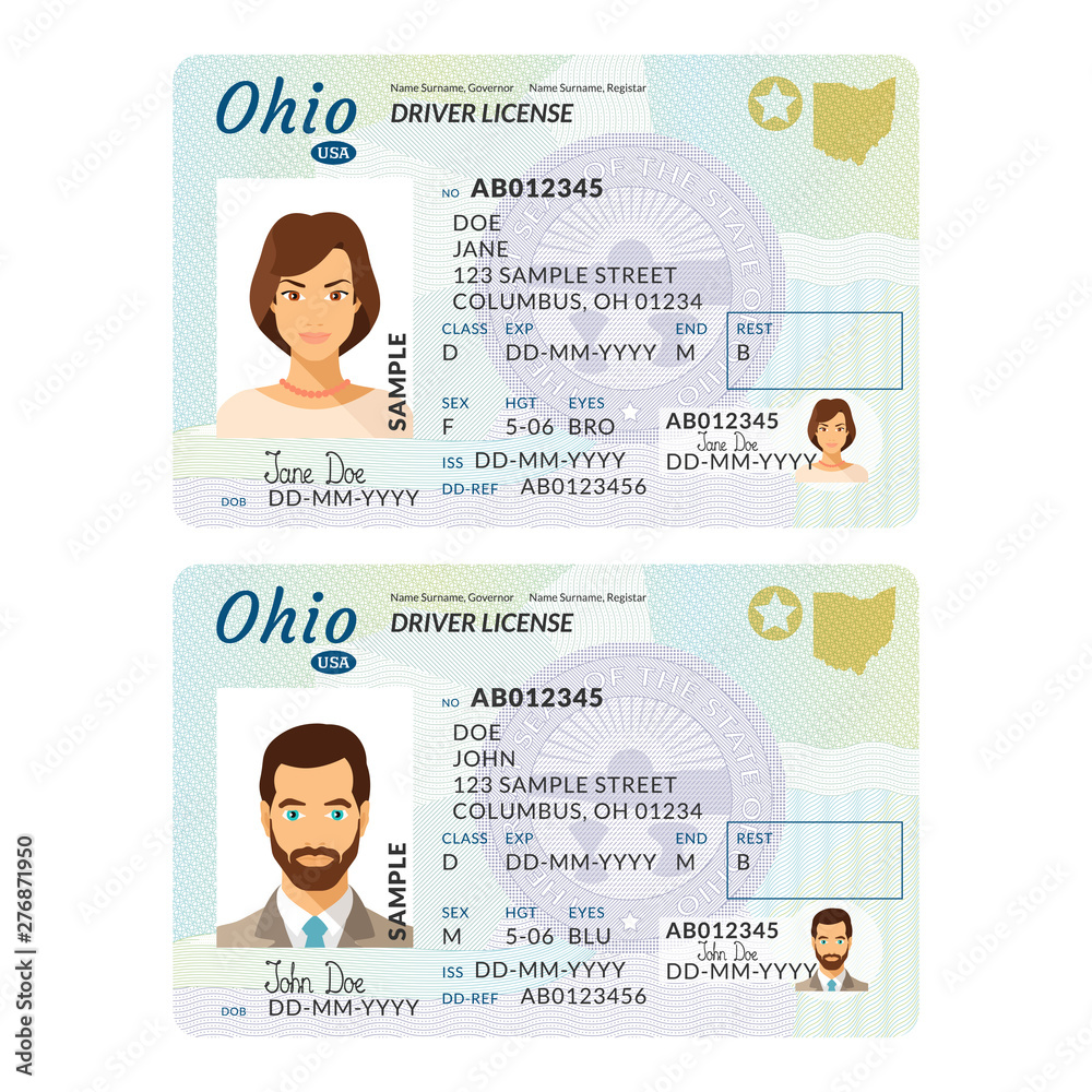 Vector template of sample driver license plastic card for USA Ohio Inside Blank Drivers License Template