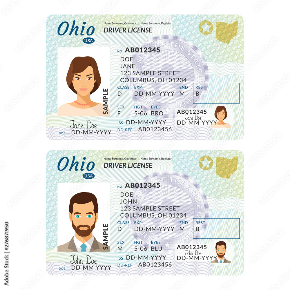 Vector template of sample driver license plastic card for USA Ohio Throughout Blank Drivers License Template