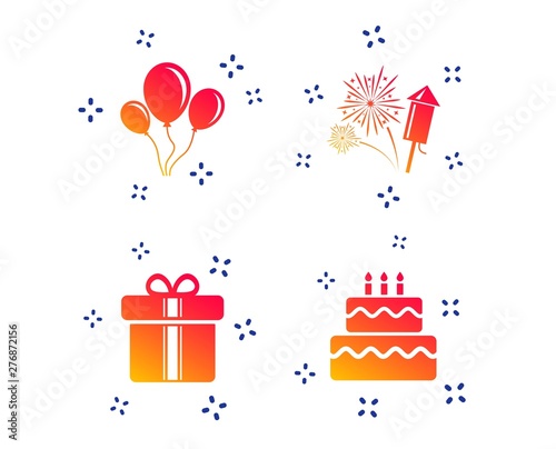 Birthday party icons. Cake and gift box signs. Air balloons and fireworks symbol. Random dynamic shapes. Gradient birthday icon. Vector
