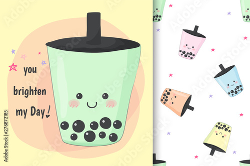 Cute hand drawn bubble milk green tea banner with seamless pattern set.