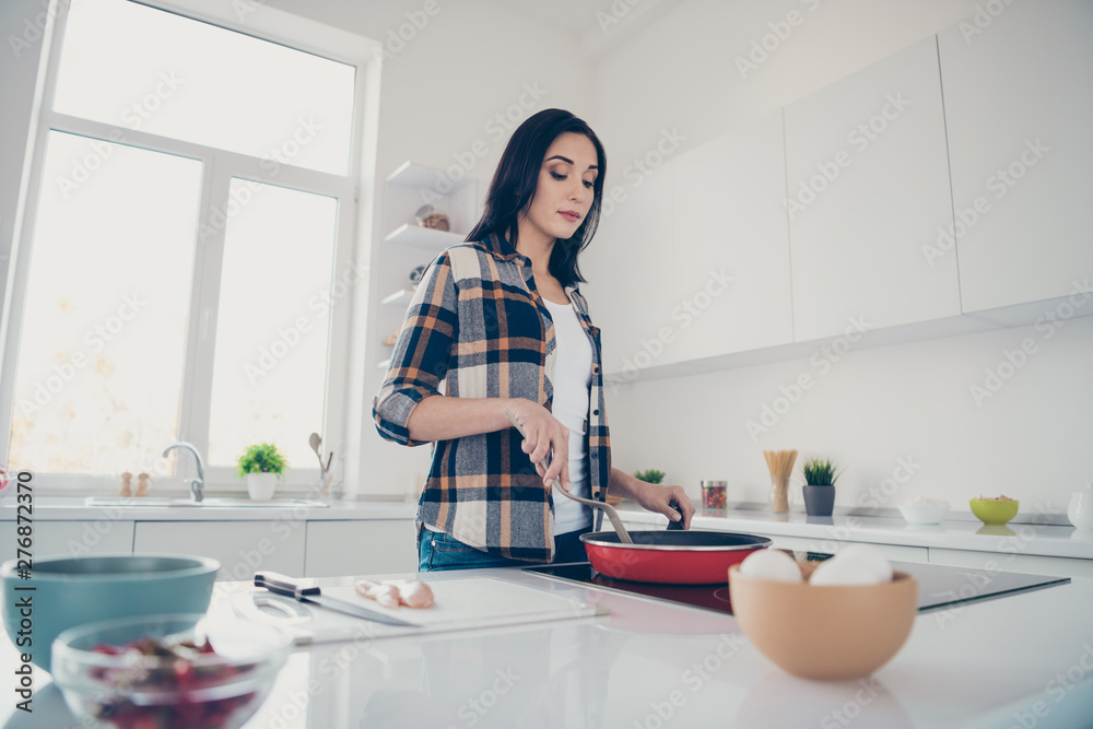 Porrait of lovely beautiful charming lady youth stand apartment use user want feast evening routine many ingredients mixing checkered shirt stylish trendy focused she her Porrait of lovely beautiful charming lady youth stand apartment use user want feast evening routine many ingredients mixing checkered shirt stylish trendy focused she her