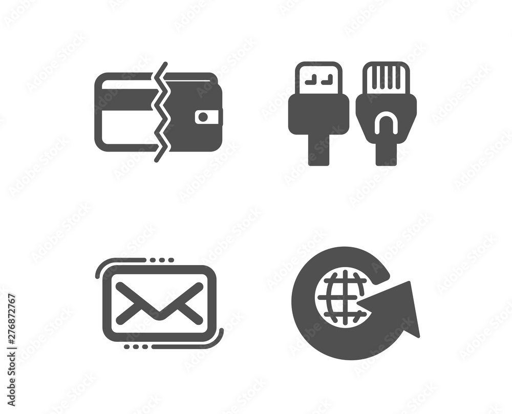 Set of Payment methods, Computer cables and Messenger mail icons. World globe sign. Wallet cash, Rj45 internet, New e-mail. Around the world.  Classic design payment methods icon. Flat design. Vector