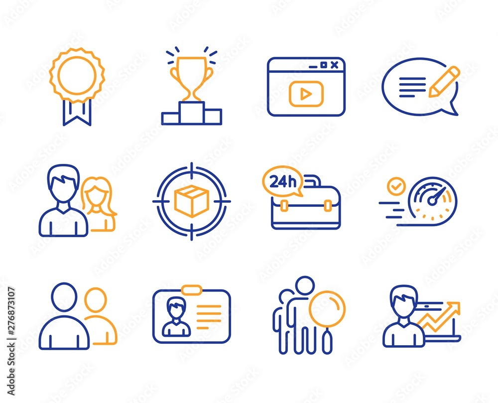 Fototapeta premium Search people, Video content and Speedometer icons simple set. Teamwork, Users and Reward signs. Identification card, Message and Winner podium symbols. Line search people icon. Colorful set. Vector