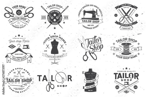 Tailor shop badge. Vector. Concept for shirt, print, stamp label or tee. Vintage typography design with sewing needle and scissors silhouette. Retro design for sewing shop business
