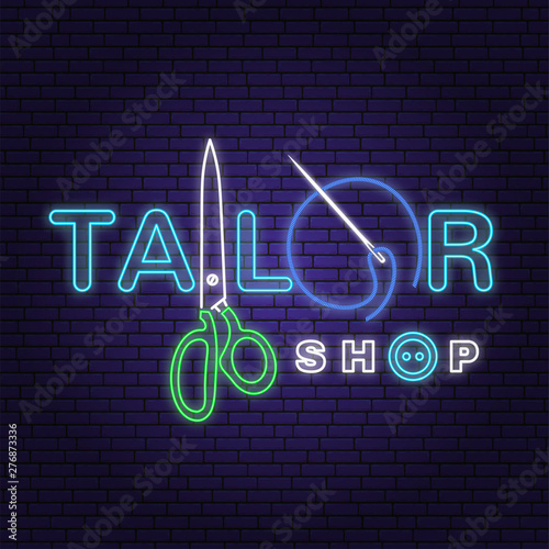 Tailor shop neon design or emblem. Vector. Night neon signboard. Vintage typography design with sewing needle and scissors silhouette. Retro design for sewing shop business