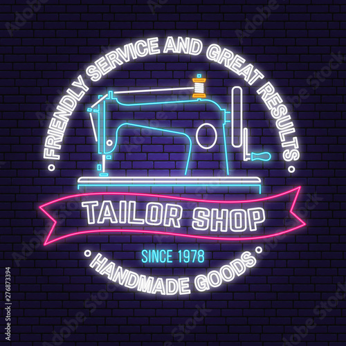 Tailor shop neon design or emblem. Vector. Night neon signboard. Vintage typography design with sewing machine silhouette. Retro design for sewing shop business