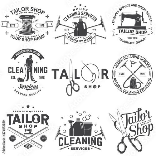Set of tailor shop, cleaning company badges. Vector. Concept for shirt. Typography design with sewing, cleaning equipments silhouette. Retro design for sewing shop, cleaning service business