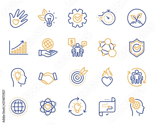 Core values line icons. Integrity, Target purpose and Strategy. Trust handshake, social responsibility, commitment goal icons. Growth chart, innovation, core values network. Vector