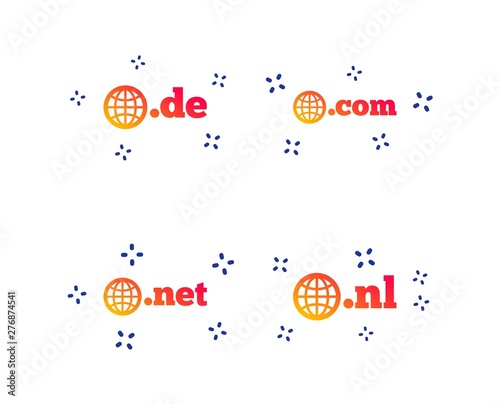 Top-level internet domain icons. De, Com, Net and Nl symbols with globe. Unique national DNS names. Random dynamic shapes. Gradient domain icon. Vector