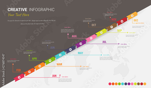 Timeline presentation for 12 months, 1 year, Timeline infographics design vector and Presentation business can be used for Business concept with 12 options, steps or processes.  photo