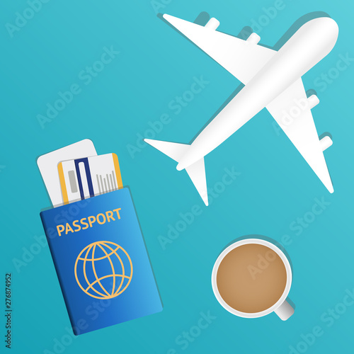 Air travel banner. Passport - vacation concept design. Banner with airplane and vacation tickets. Vector illustration