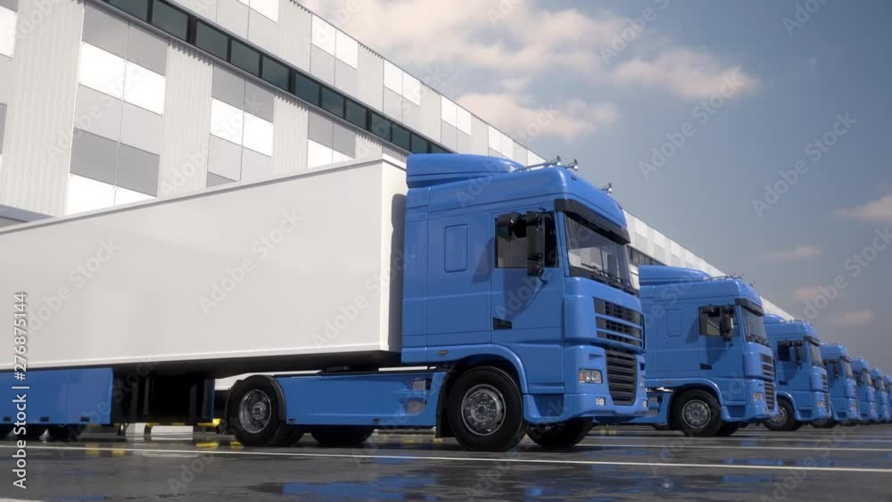 Endless row of blue semi trucks loading and unloading goods at warehouse dock. Parallel tracking shot. Seamless loop. Realistic high quality 3d animation. Endless row of blue semi trucks loading and unloading goods at warehouse dock. Parallel tracking shot. Seamless loop. Realistic high quality 3d animation.