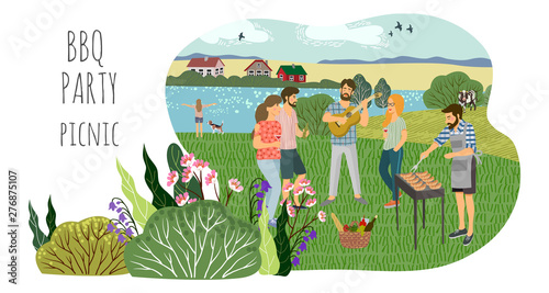 Picnic concept. Cute flat Vector horizontal illustration of mans and womans resting on the nature. Drawing by hand active people weekend with a barbecue.