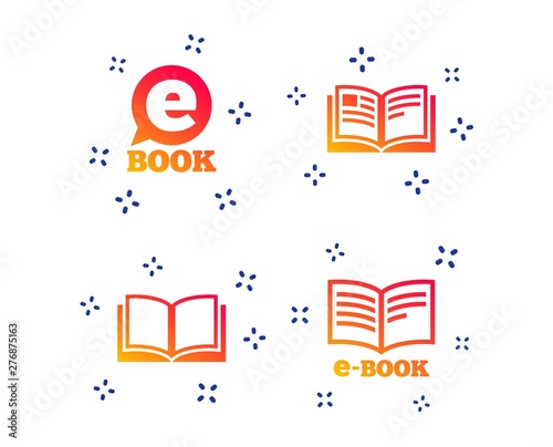 Electronic book icons. E-Book symbols. Speech bubble sign. Random dynamic shapes. Gradient e-book icon. Vector