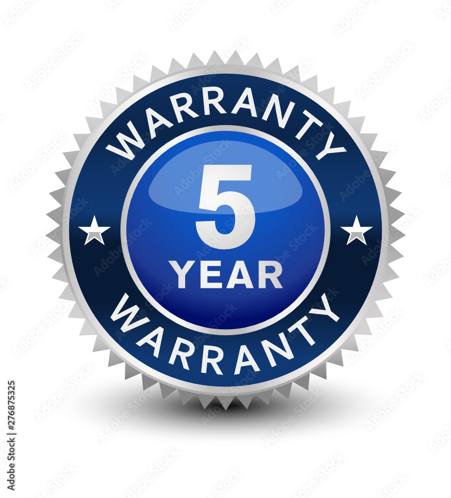 Very powerful, heavy, reliable, blue 5 year warranty badge/seal.