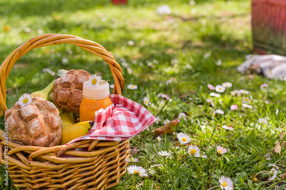 Basket with picnic food. Lunch on the fresh air in the park. Green grass, sunlight and food in nature. Free space for text. Copy space Basket with picnic food. Lunch on the fresh air in the park. Green grass, sunlight and food in nature. Free space for text. Copy space