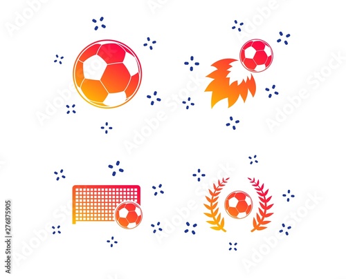 Football icons. Soccer ball sport sign. Goalkeeper gate symbol. Winner award laurel wreath. Goalscorer fireball. Random dynamic shapes. Gradient football icon. Vector