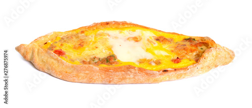 Traditional Tortilla Pide with meat and egg. Isolated on white background