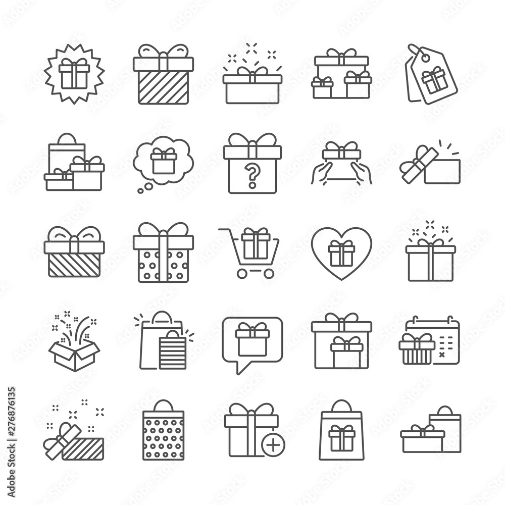 Gift line icons. Present box, Sale offer. Shopping cart, Tag and Chat. Speech bubble, Give a gift box, question mark, birthday discount. Shopping sale cart, present tag, delivery. Quality set. Vector