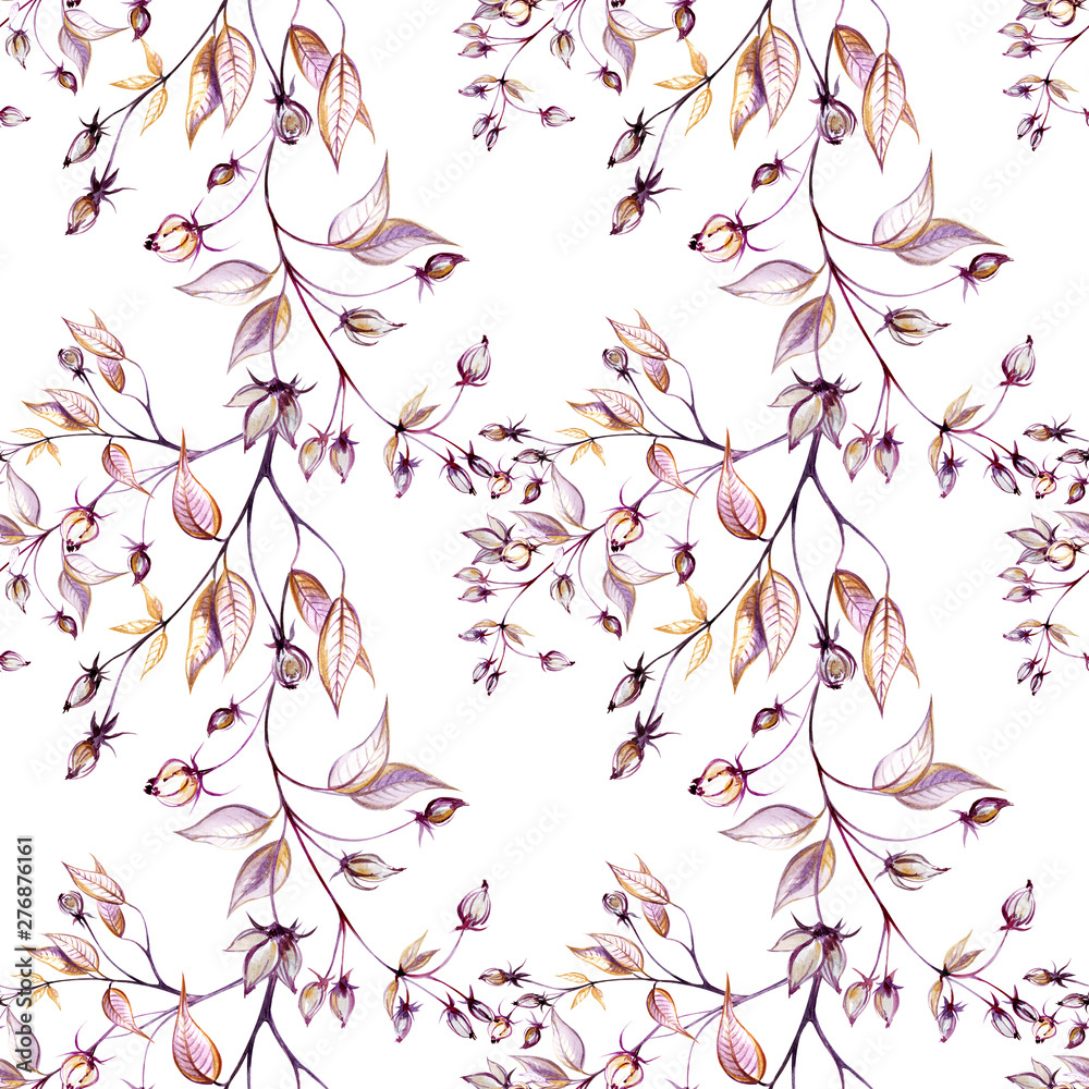 watercolor flowers and branches with leaves on a seamless white  background for use in design, textiles, Wallpaper, wrapping paper