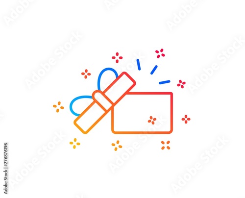 Opened Gift box line icon. Present or Sale sign. Birthday Shopping symbol. Package in Gift Wrap. Gradient design elements. Linear opened Gift icon. Random shapes. Vector
