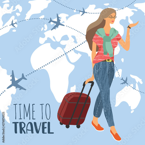 Cute vector illustration with Woman looking at a wristwatch and suitcase against a world map with flying airplanes in the sky . Girl ready to travel