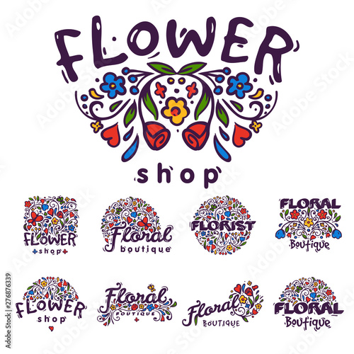 Bright badge for flower shop decorative hand drawn frame template for floral business nature banner illustration.