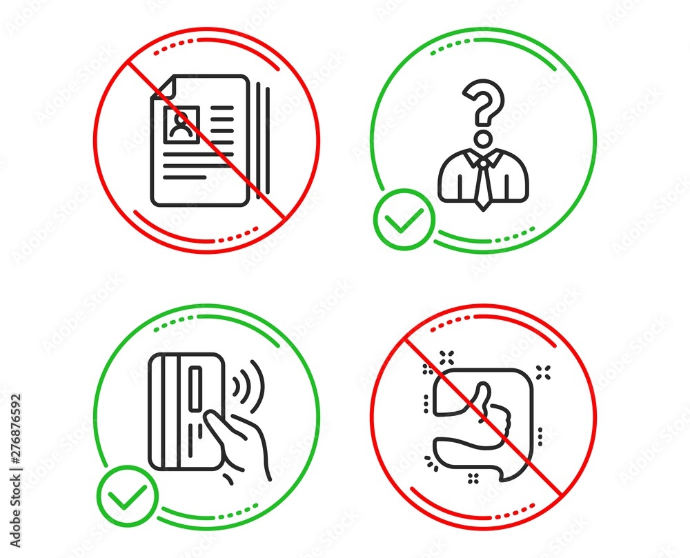 Do or Stop. Hiring employees, Cv documents and Contactless payment icons simple set. Like sign. Human resources, Portfolio files, Bank money. Thumb up. People set. Line hiring employees do icon