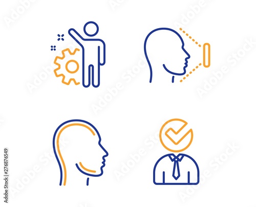 Employee, Face id and Head icons simple set. Vacancy sign. Cogwheel, Identification system, Human profile. Businessman concept. People set. Linear employee icon. Colorful design set. Vector