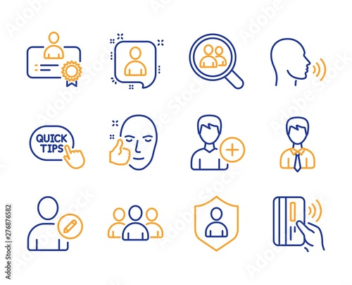 Group, Healthy face and Certificate icons simple set. Developers chat, Edit user and Security signs. Add person, Search employees and Businessman symbols. Line group icon. Colorful set. Vector