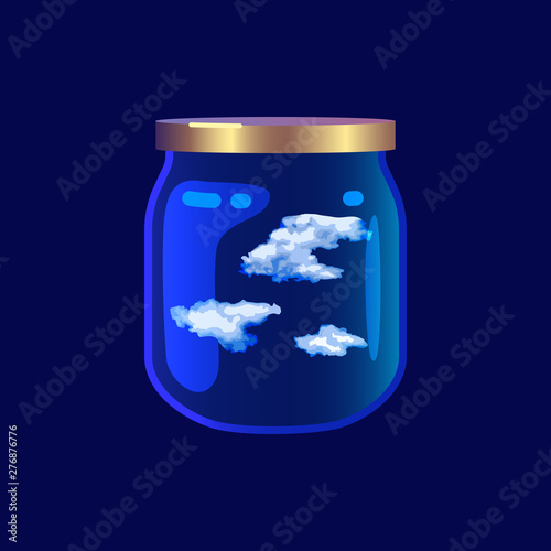 Cloudy jar. Dreamy vector illustration of a glass jar with fluffy white clouds inside. Dark blue background.