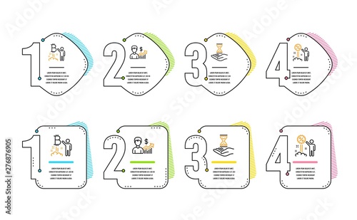 Bitcoin project, Business growth and Time hourglass icons simple set. Discount sign. Cryptocurrency startup, Earnings results, Sand watch. Sale shopping. People set. Infographic timeline. Vector