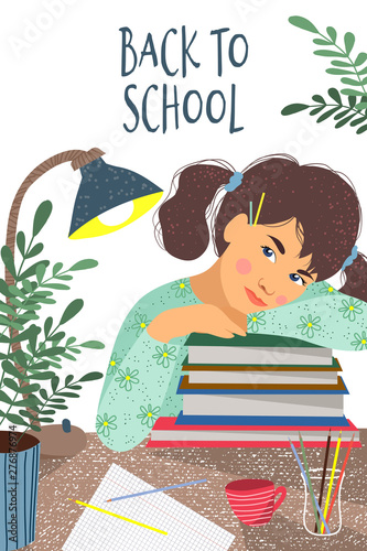 Back to school. Cute vertical vector illustration of a sitting over the books student. Girl, books, notebook, flowers and desk lamp on a table on a white background.
