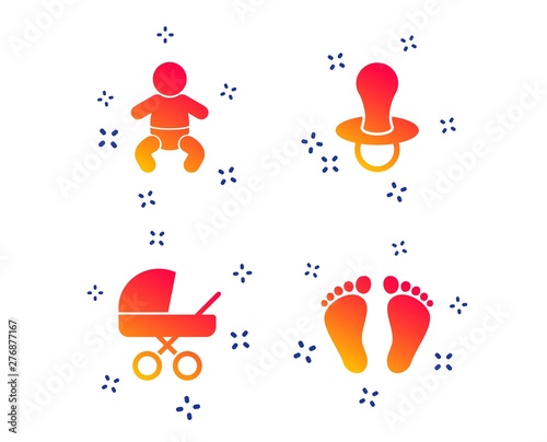 Baby infants icons. Toddler boy with diapers symbol. Buggy and dummy signs. Child pacifier and pram stroller. Child footprint step sign. Random dynamic shapes. Gradient baby icon. Vector