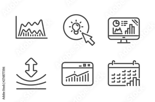 Energy, Resilience and Website statistics icons simple set. Analytics graph, Trade chart and Calendar graph signs. Turn on the light, Elastic. Science set. Line energy icon. Editable stroke. Vector