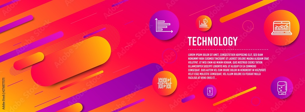 Header banner. Report timer, Horizontal chart and Smartphone payment icons simple set. Parking place, Web analytics and Water cooler signs. Growth chart, Presentation graph. Technology set. Vector Header banner. Report timer, Horizontal chart and Smartphone payment icons simple set. Parking place, Web analytics and Water cooler signs. Growth chart, Presentation graph. Technology set. Vector