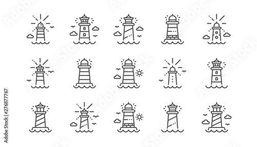 Lighthouse line icons. Searchlight tower with seagull for marine navigation of ships. Sea pharos, lighthouse or beacon icons. Linear set. Vector