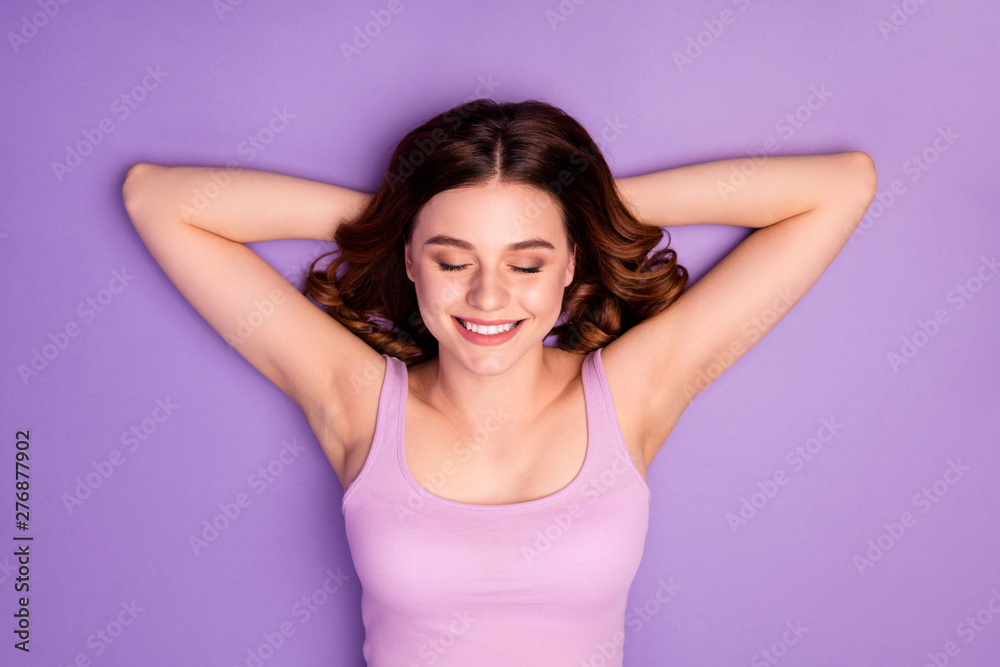 Top above high angle view photo lovely charming cheerful positive youth vacation holiday close eyes thoughtful wavy haircut minded interested singlet modern pink isolated purple background Top above high angle view photo lovely charming cheerful positive youth vacation holiday close eyes thoughtful wavy haircut minded interested singlet modern pink isolated purple background