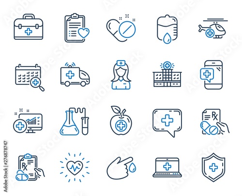 Medical rx line icons. Hospital assistance, Ambulance, Health food diet, Laboratory tubes icons. First aid kit, Medical doctor, Prescription Rx recipe. Drop counter, Ambulance emergency car. Vector