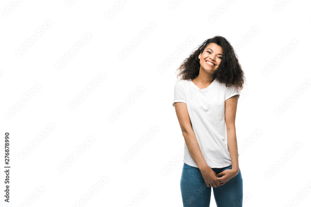 cheerful african american girl in white t-shirt standing isolated on white cheerful african american girl in white t-shirt standing isolated on white
