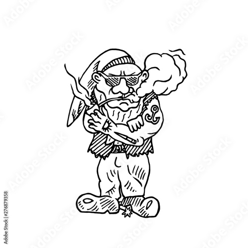 Cool gnome with tattoos in hat smoking pipe, hand drawn outline doodle sketch vector illustration, perfect for card, invitation, greeting design
