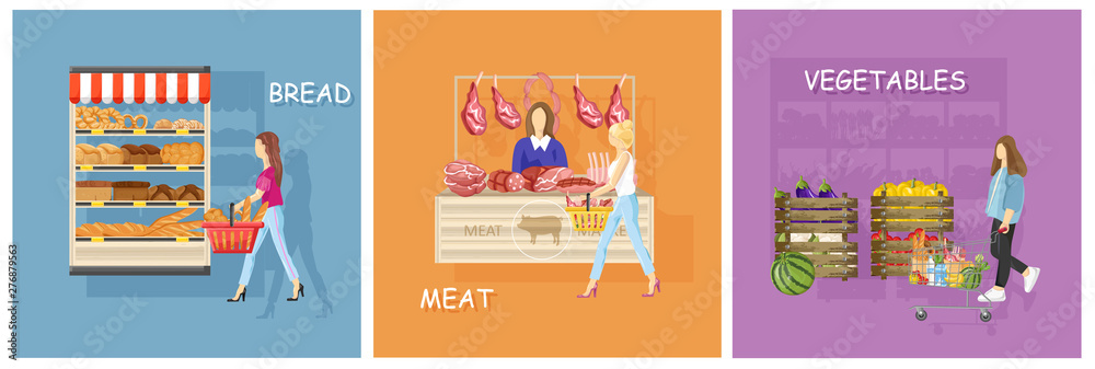 Bread, meat and vegetables stands shopping Vector flat styles