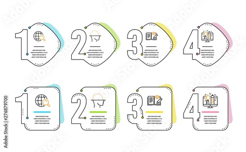 Engineering documentation, Internet search and Face scanning icons simple set. Creative design sign. Manual, Web finder, Faces detection. Designer. Infographic timeline. Vector