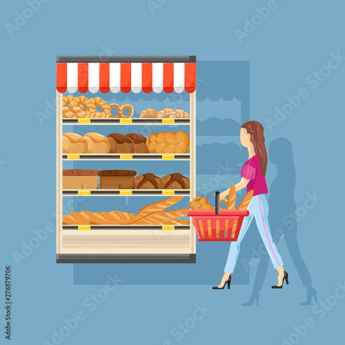 Woman shopping bakery Vector flat style. Fresh products