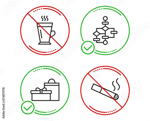 Do or Stop. Gifts, Block diagram and Latte icons simple set. Smoking sign. Birthday boxes, Algorithm path, Tea glass mug. Cigarette. Line gifts do icon. Prohibited ban stop. Good or bad. Vector