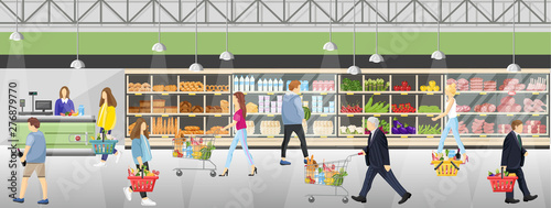 People in the supermarket shop Vector flat style. Shopping food products. Sales templates banner