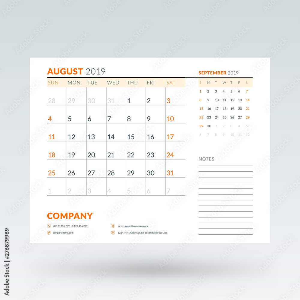 Calendar planner for August 2019. Stationery design template. Vector illustration Calendar planner for August 2019. Stationery design template. Vector illustration