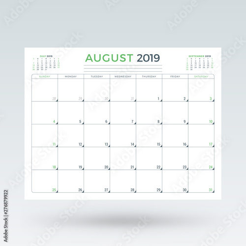 Calendar planner for August 2019. Stationery design template. Vector illustration