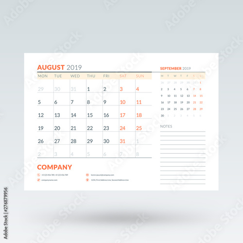 Calendar planner for August 2019. Stationery design template. Vector illustration
